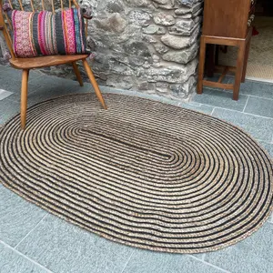 CHAKKAR DARK Stripe Oval Jute Beige Black Rug / 90 cm x 150 cm