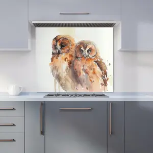 Loving Tawny Owls Watercolour Premium Glass Kitchen Splashback W600mm x H650mm