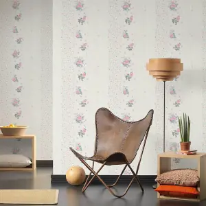 AS Creation Floral Stripes Grey Pink Flowers Paste The Wall Textured Vinyl