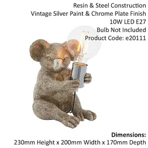 Vintage Silver Koala Table Light - Resin Figure - Chrome Plated Lamp Holder