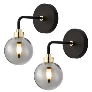 First Choice Lighting Set of 2 Matt Black and Smoked Glass Wall Lights