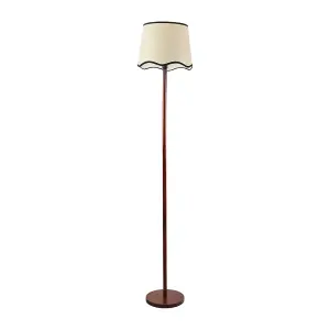 ValueLights Heather Dark Wood Stem Floor Lamp with Scallop Black Trim Tapered Shade and LED Bulb