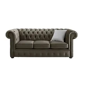 Chesterfield 3 Seater Malta Taupe Beige Velvet Fabric Sofa In Classic Style