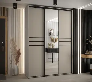 Elegant Cashmere & Black Sliding Door Wardrobe H2350mm W1800mm D600mm - Spacious Design with Mirrored Panel