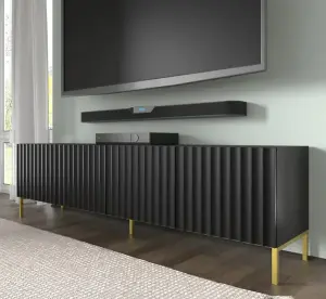 Elegant Black Wave TV Cabinet with Gold Legs (W)200cm (H)56cm (D)42cm - Modern & Spacious