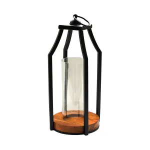 Felicity Circular Base Lantern in Acacia Wood/Black H30cm W14cm