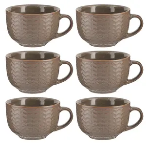 Set of 6 Dark Grey Large Stoneware Cups Coffee Mugs