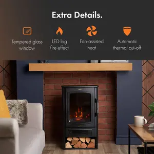 VonHaus Electric Stove Heater 2000W, Electric Fireplace, Indoor Log/Wood Burner Effect, Freestanding Fire, Log Storage, Panoramic