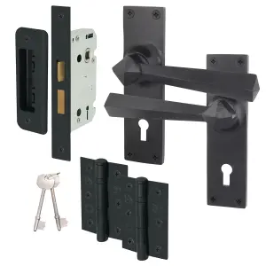 AFIT Black Iron Door Handle Key Lock Set - 1 Pair Black Antique Internal Handles with Hinges 76mm, Lock 64mm - Tudor Range