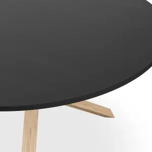 Malvern Round Dining Table And Chairs -  Black Table Top w Solid Oak Legs + Monza Fabric Dining Chair Set Of 4 (Charcoal)