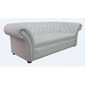 Chesterfield 3 Seater Buttoned Seat Winter White Leather Sofa Bespoke In Balmoral Style