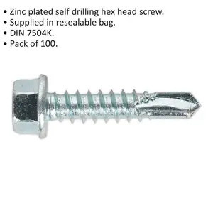 100 Pack Zinc Plated Self Drilling Hex Head Screws 5.5 x 25mm for DIY Projects