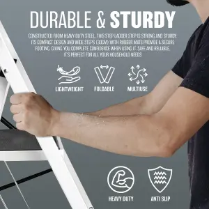 Foldable 2 Step Steel Ladder - Non Slip Tread Stepladder Safety, Kitchen, Home, Industrial, DIY Steel Construction Strong