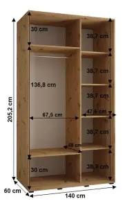 Cannes IV Elegant Oak Artisan Sliding Door Wardrobe 1400mm H2050mm D600mm with Black Steel Handles and Decorative Strips