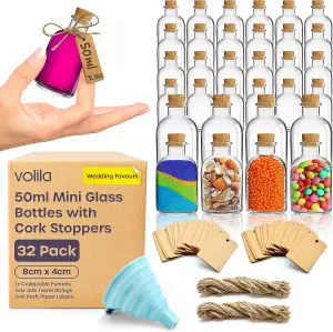 50ml Small Glass Bottles with Corks, Custom Labels, Funnel - 32 Pack for Wedding Favours, Craft Projects & Party Shots