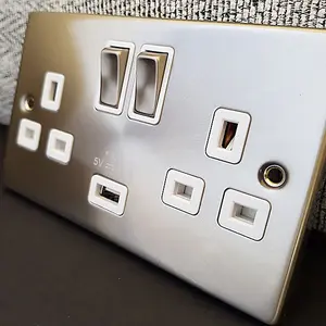 Satin / Brushed Chrome 2 Gang 13A DP Ingot 1 USB Twin Double Switched Plug Socket - White Trim - SE Home