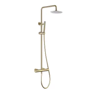 Brushed Brass Overhead Thermostatic Rigid Riser Shower Kit - Twin Head Round