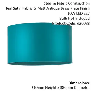 380mm Teal Satin Fabric Cylinder Lamp Shade - Rolled Edge - 10W E27 LED