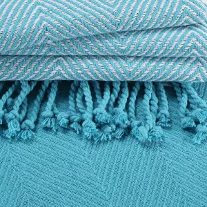 EHC Luxury Pack of 2 Chevron Cotton Single Sofa Throw Blanket, 125x 150cms - Teal