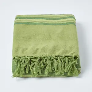 Homescapes Cotton Morocco Striped Green Throw, 150 x 200 cm