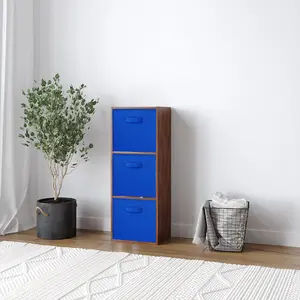 URBNLIVING 80cm Height 3 Cube Teak Wooden Shelves Cubes Cupboard Storage Units With Dark Blue Drawer Insert