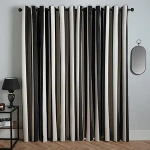 Stripe Blackout Eyelet Curtains Thermal Pair of Ring Top Panels, Mono - 66X54"