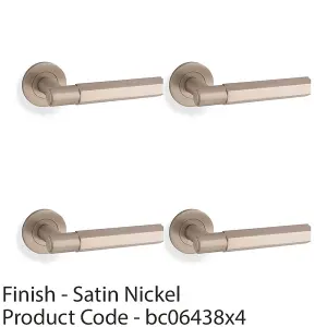 4 PACK - SOLID BRASS Hex Door Handle Set - Satin Nickel Industrial Lever Round Rose