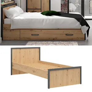 Single Bed Euro 90cm Frame Solid Wood Slats Dark Grey Artisan Oak Effect Weston