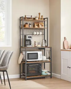 VASAGLE Kitchen Storage Rack with Power Outlet, Coffee Bar, Baker's Rack, with Wire Panel, Hooks, Rustic Brown and Ink Black