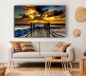 Waves Crashing On The Pier At Sunset Canvas Print Wall Art - Medium 20 x 32 Inches