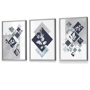 Set of 3 Graphical Abstract Floral Navy Blue Grey Wall Art Prints / 30x42cm (A3) / Light Grey Frame