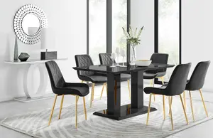 Imperia Black High Gloss 6 Seater Dining Table with Structural 2 Plinth Column Legs 6 Black Velvet Gold Leg Pesaro Chairs