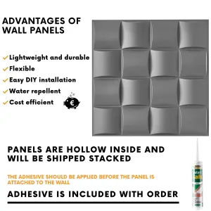 3D Wall Panels Adhesive Included - 6 Sheets Cover 16.15ft²(1.5m²) Interior Cladding Panels - Square Grid Lattice Design Matte Grey