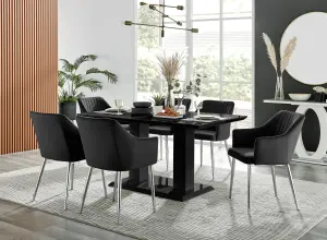 Imperia Black High Gloss 6 Seater Dining Table with Structural 2 Plinth Column Legs 6 Black Velvet Silver Leg Calla Chairs