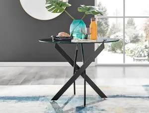 Furniturebox UK Novara Black Leg Round Glass Dining Table & 4 Black Velvet Milan Gold Leg Chairs