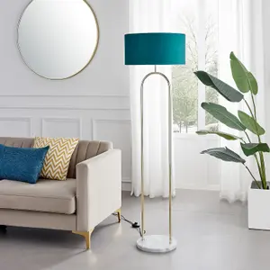 Furniturebox UK Danielle Floor Lamp with Teal Velvet Shade and a Brass and Marble Base