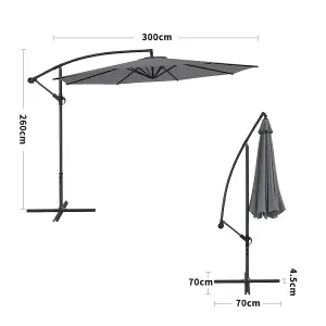 3M Large Rotatable Garden Sun Shade Cantilever Parasol Patio Hanging Banana Umbrella Crank Tilt with Cross Base, Dark Grey