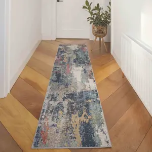 Navy Blue Multicoloured Abstract Distressed Soft Fireside Living Area Rug 60cm x240cm