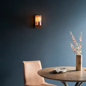 Copper Patina Plate Wall Lamp Light & Clear Glass Shade - Dimmable LED Fitting