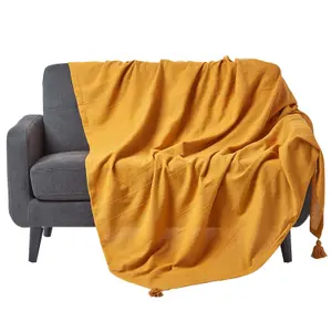 Homescapes Cotton Rajput Ribbed Mustard Throw, 150 x 200cm