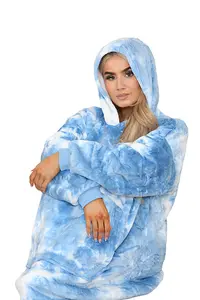 MS9 Women's Oversized Hoodie Wearable Blanket Hoodie Top With Sherpa Lining Dark Blue and White