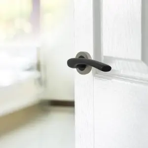 Zena Door Handle Modern Design Matt Black Lever on Satin Rose Internal + Latch & Hinges