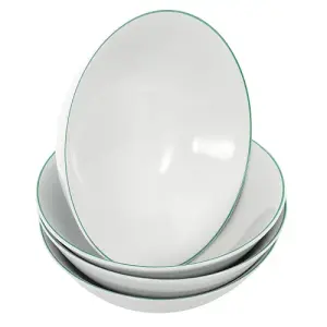 Set of 4 White Ceramic Dinner Bowls with Elegant Green Rim - Durable & Stylish