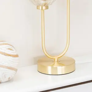 ValueLights Chessy Gold Metal Bar 2 Way Dual Table Lamp with Amber Ribbed Glass Globe Shades