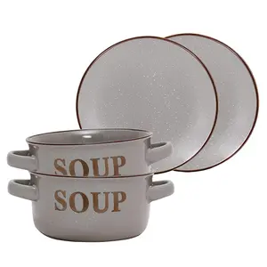 Set of 2 Classic Peppered Grey Soup Bowl and Bread Plate Sets