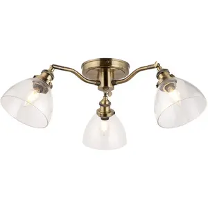 Antique Brass Semi Flush Low Ceiling Light - Clear Multi Arm Glass - 3 X 7W LED E14