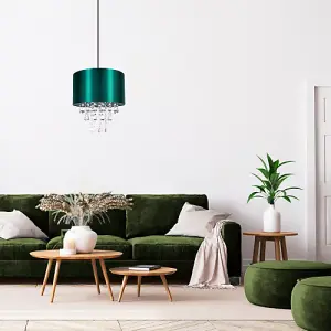 Modern Green Satin Fabric Pendant Light Shade with Transparent Acrylic Droplets