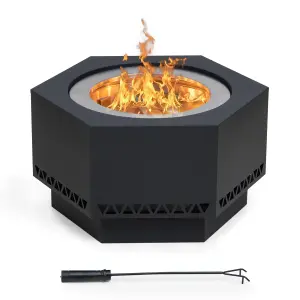 SUNJOY 66x57x38 cm Smokeless Fire Pit,  Wood Burning Fire Pit Garden Backyard Outdoor Fire Pit, W/ PVC Cover and Fire Poker