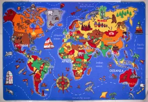 Children's Educational Blue World Map Play Mat Bedroom Rug 95x200cm