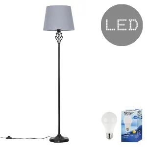 ValueLights Memphis Traditional Style Black Barley Twist Floor Lamp with Grey Tapered Light Shade - with LED GLS Bulb